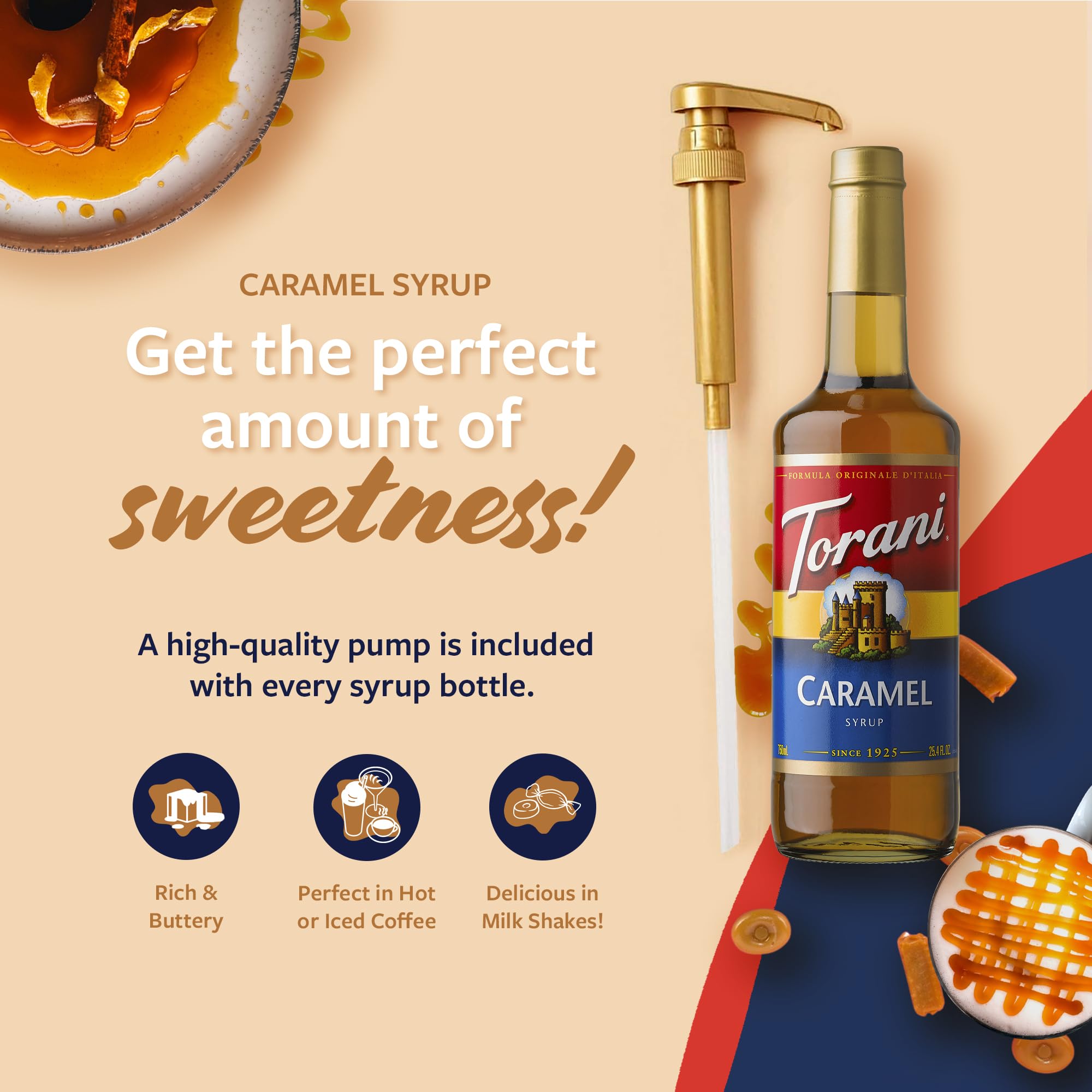 Torani glass bottle with caramel syrup being poured into coffee