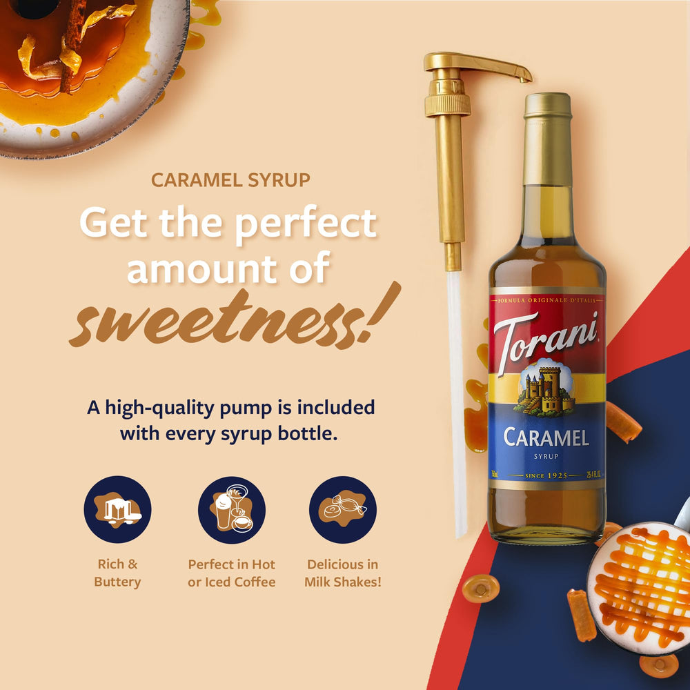 Torani glass bottle with caramel syrup being poured into coffee