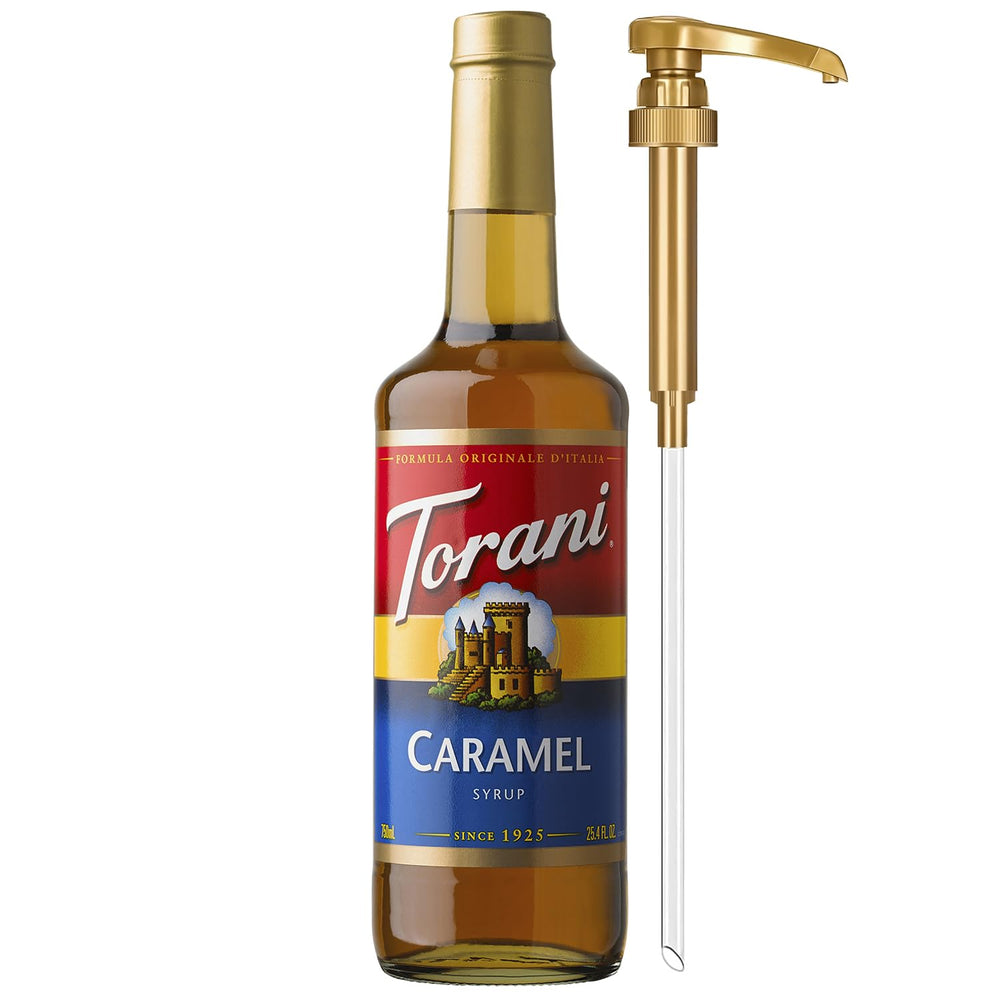 Torani Caramel Syrup pump close-up for easy flavoring in beverages