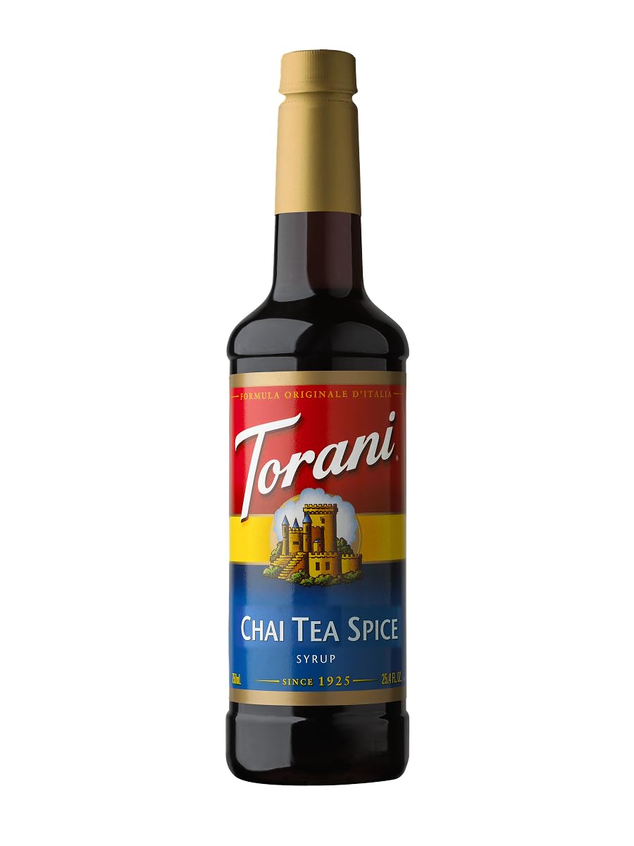 Torani Chai Tea Spice syrup bottle for café beverages and home lattes.