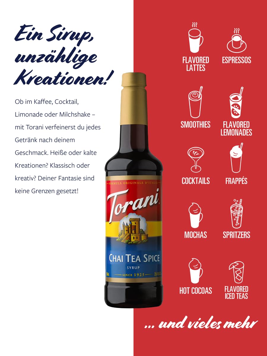 Close-up of Torani Chai Tea Spice syrup label showing authentic chai flavor.