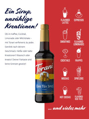Close-up of Torani Chai Tea Spice syrup label showing authentic chai flavor.