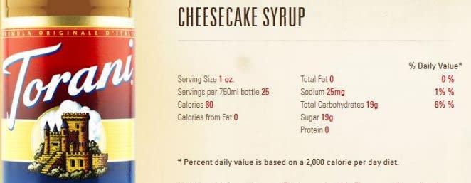 Torani Cheesecake Syrup bottle on kitchen counter as a pantry staple.