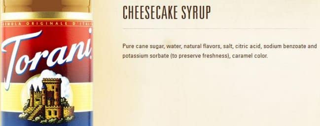 Torani Cheesecake Syrup label detail showcasing authentic flavor and branding.