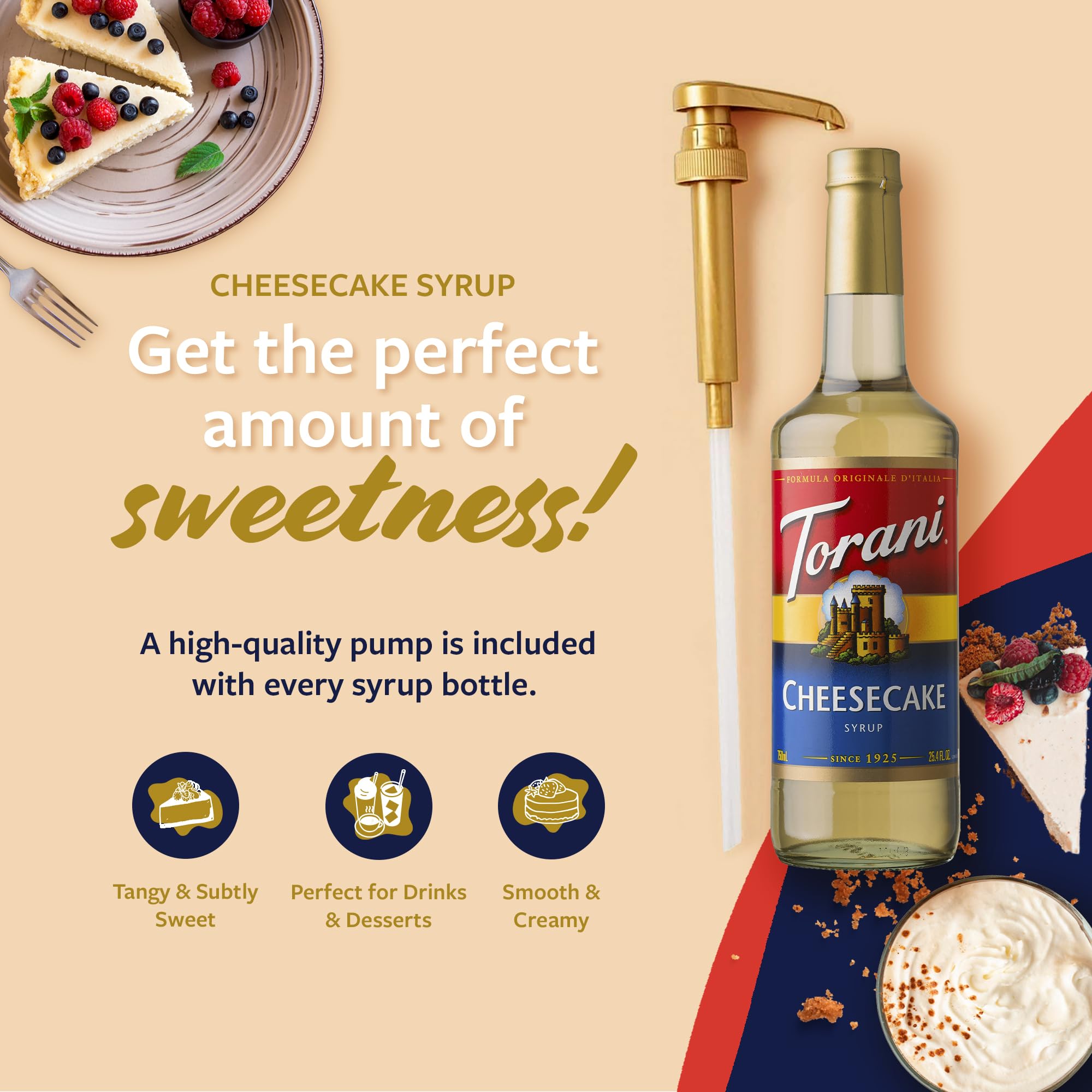 Torani cheesecake syrup pump in use for controlled pouring.