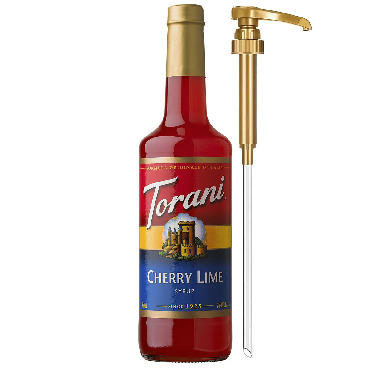 Torani Cherry Lime Syrup bottle with pump ready for pouring.