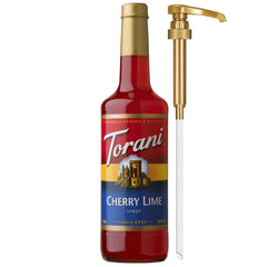Torani Cherry Lime Syrup bottle with pump ready for pouring.
