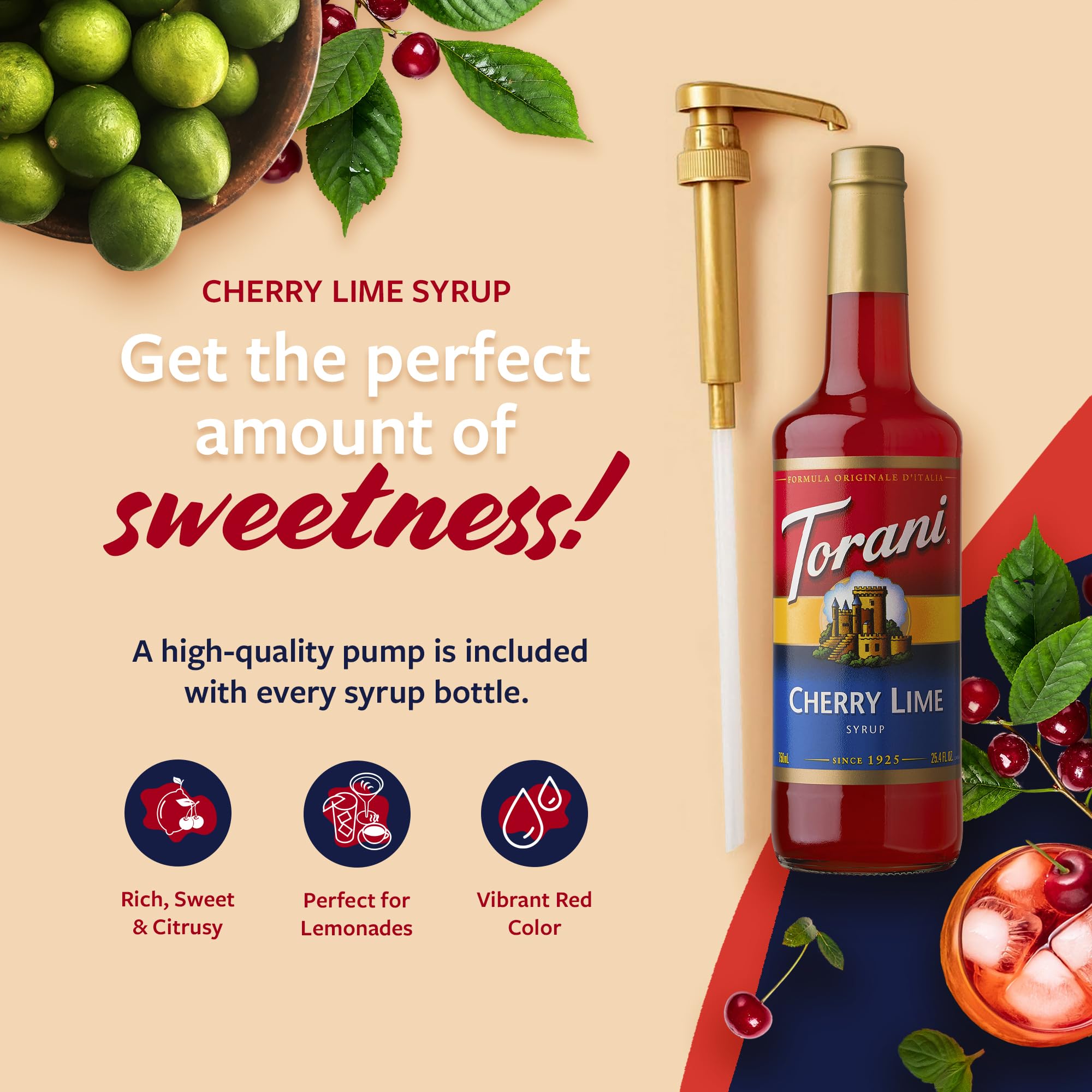 Pump included with Torani Cherry Lime Syrup for easy dosing.