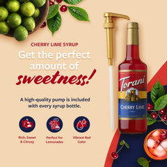 Pump included with Torani Cherry Lime Syrup for easy dosing.