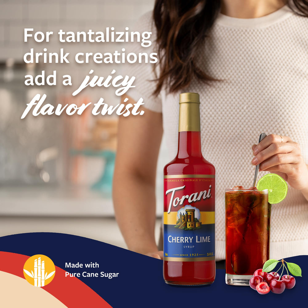 Pouring Torani Cherry Lime Syrup into a tall glass.