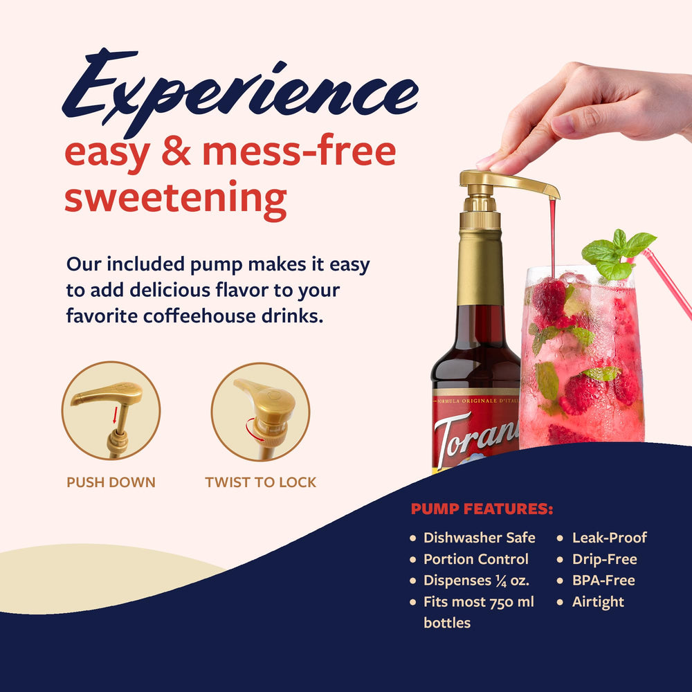 Torani Cherry Syrup in a glass adds color and depth to beverages.