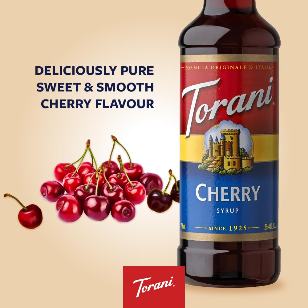 Close-up of Torani Cherry Syrup ingredients with cane sugar and natural flavors.