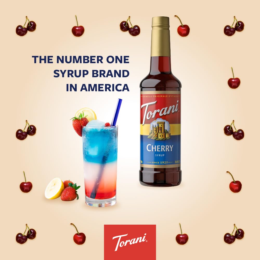 Italian soda mixed with Torani Cherry Syrup for a bright, refreshing fizz.