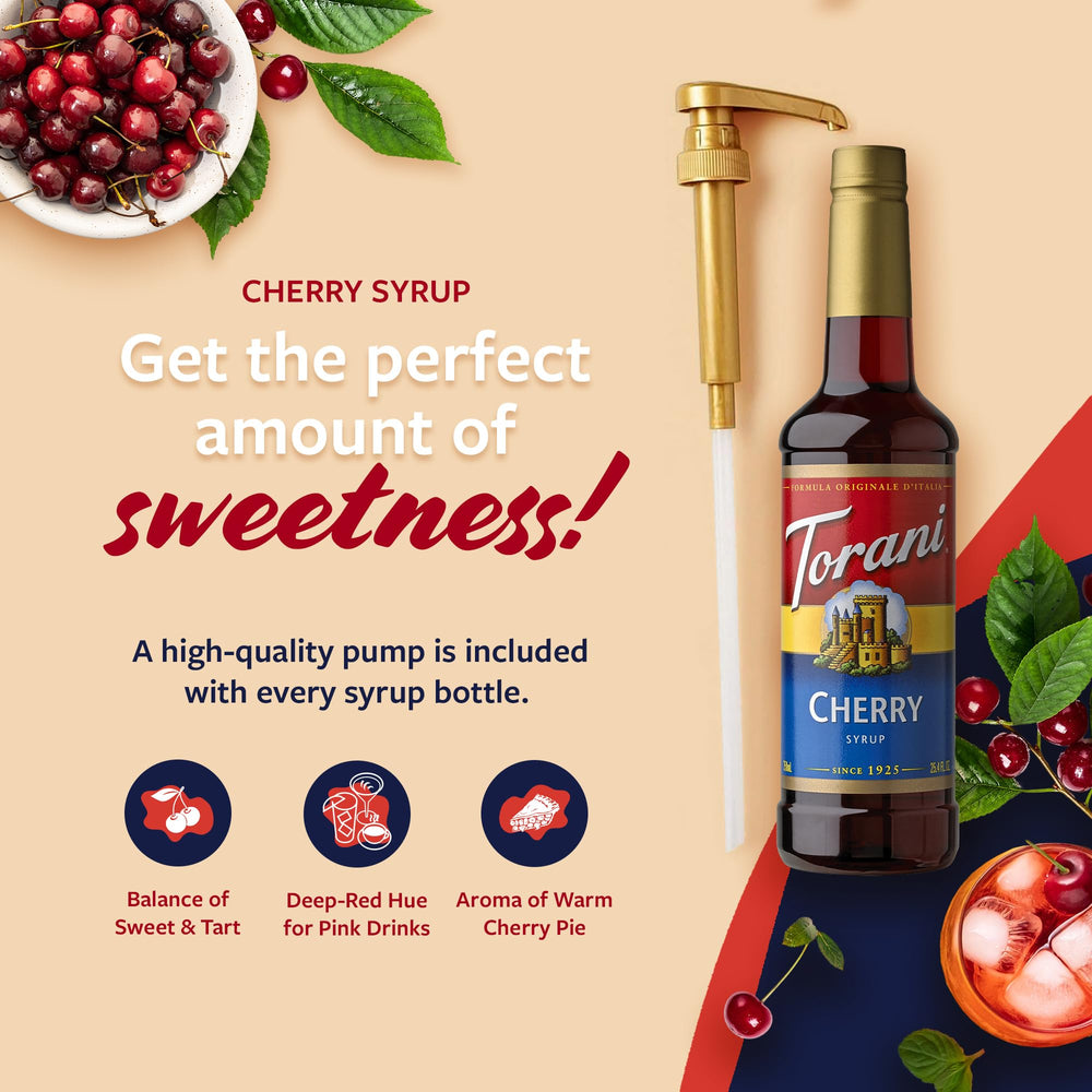 Torani Cherry Syrup poured into a glass for vibrant, tart-sweet drinks.