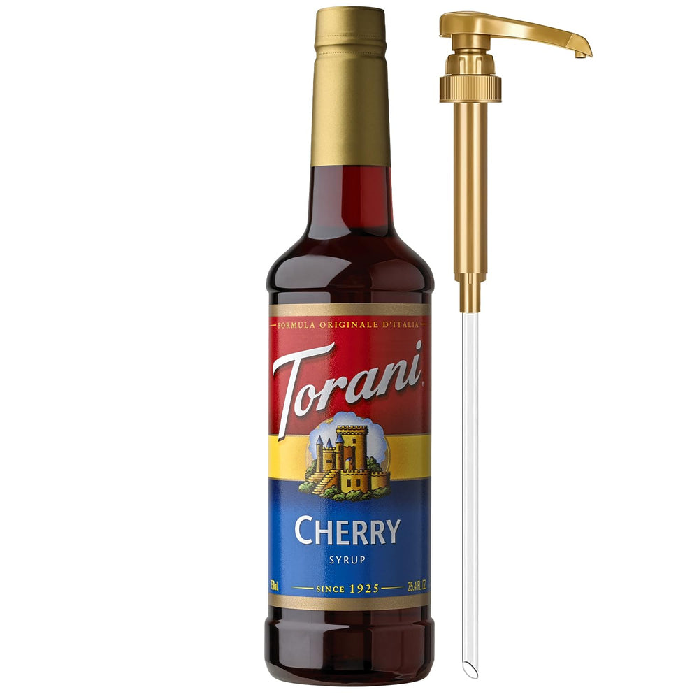 Torani Cherry Syrup bottle with pump for quick, mess-free flavoring in drinks.