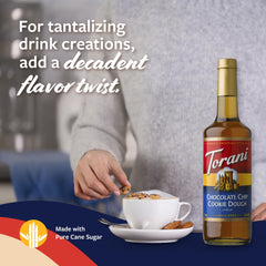Glass bottle of Torani chocolate chip cookie dough syrup showcasing premium packaging