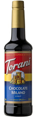 Torani Chocolate Milano syrup bottle pour, rich chocolate flavor ideal for mochas and iced coffees.