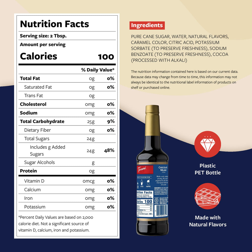 Torani Chocolate Milano syrup label closeup, showcasing authentic European flavor for lattes and drinks.