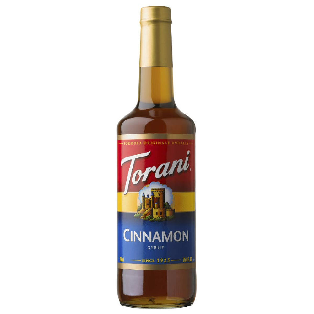 Torani Cinnamon Syrup bottle on display boosts coffee and dessert flavor variety.