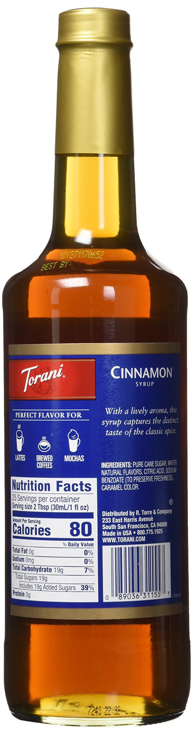 Torani Cinnamon Syrup closeup color highlights warm, inviting caramel hue.