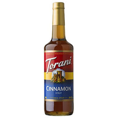 Torani Cinnamon Syrup label details emphasize quality and Hawaii-inspired sweetness.
