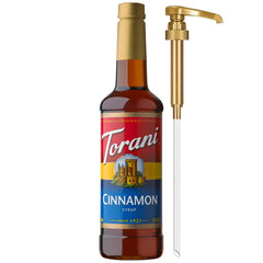Torani Cinnamon Syrup bottle with pump for precise sweetness in drinks.