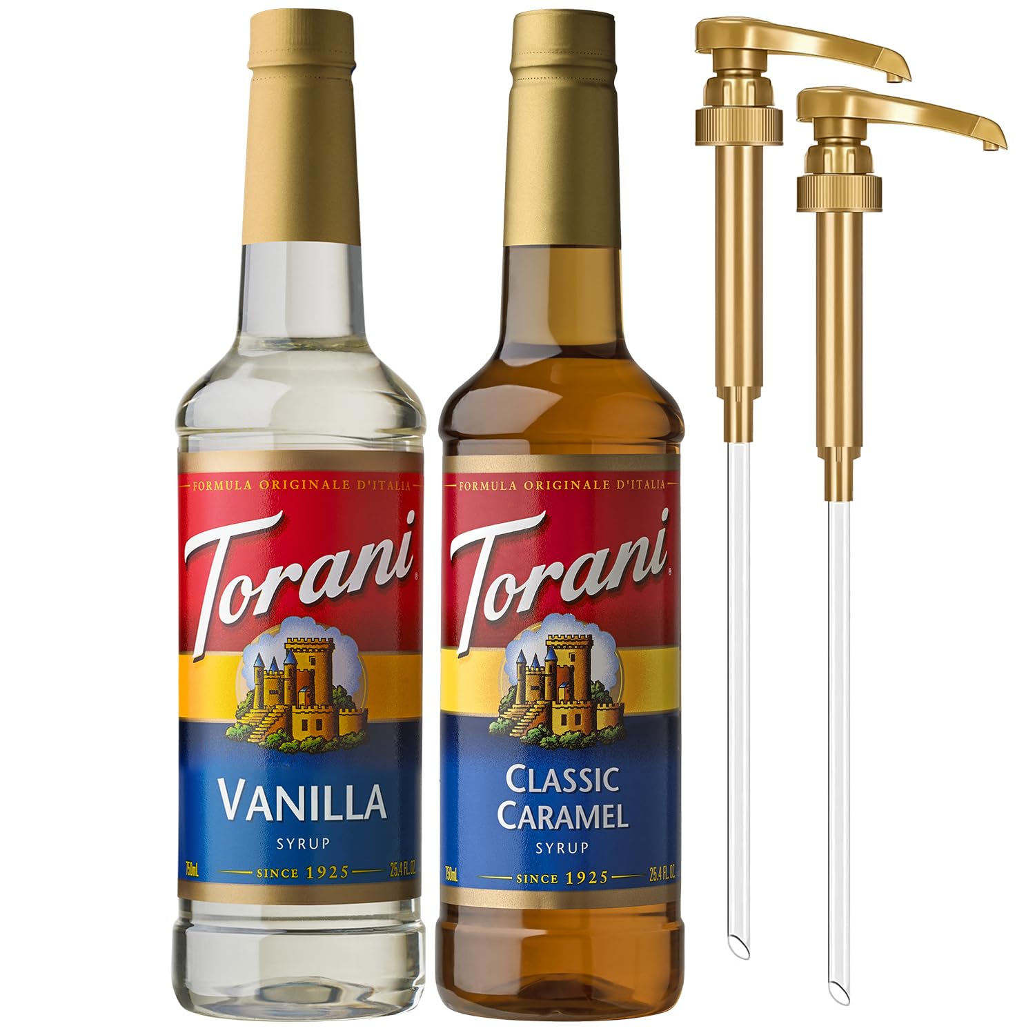 Torani Classic Caramel bottle with pump for cafe-style lattes at home.