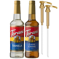 Torani Classic Caramel bottle with pump for cafe-style lattes at home.