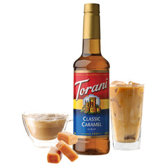 Barista crafts latte with Torani Classic Caramel Syrup.