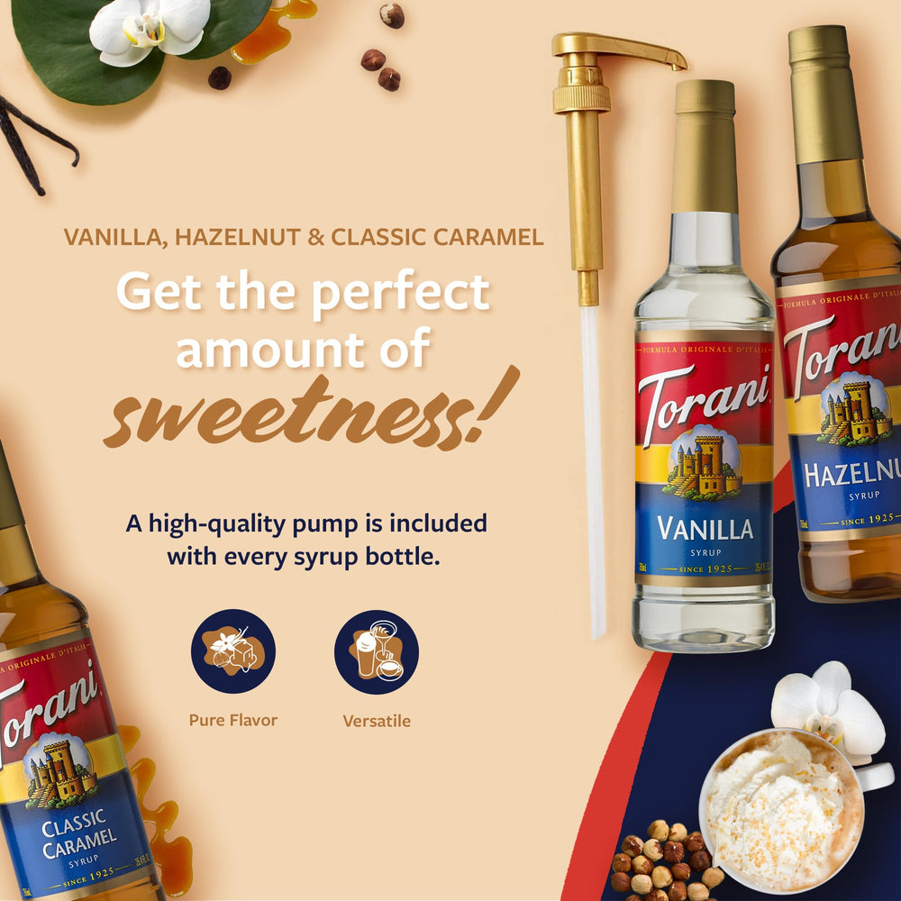 Torani Classic Caramel Syrup bottle pour delivers caramel sweetness for mochas