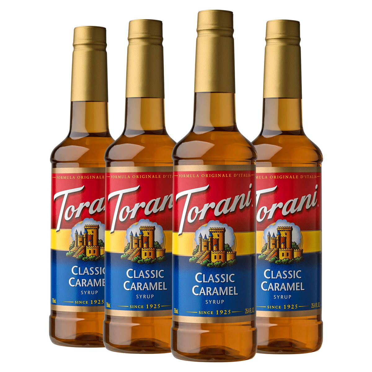 Torani Classic Caramel Syrup bottle pours for rich coffee flavor.