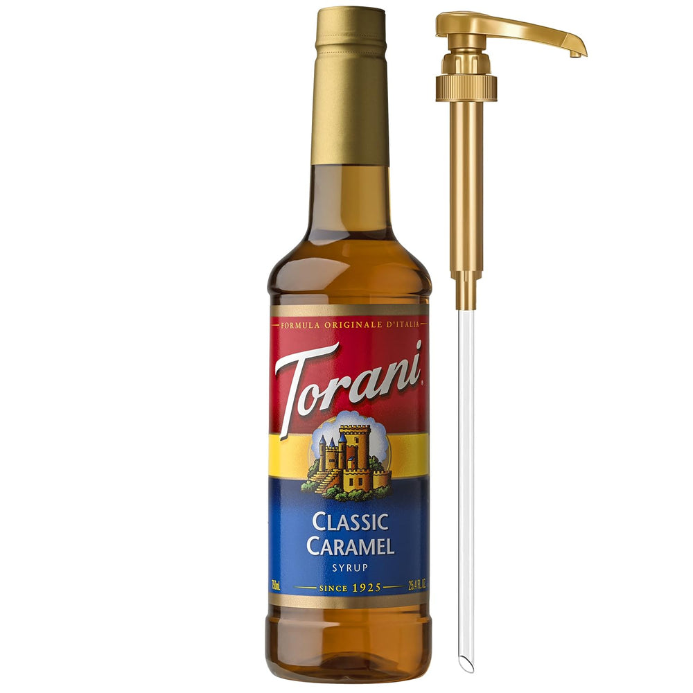 Torani Classic Caramel Syrup bottle with pump for easy at-home beverages