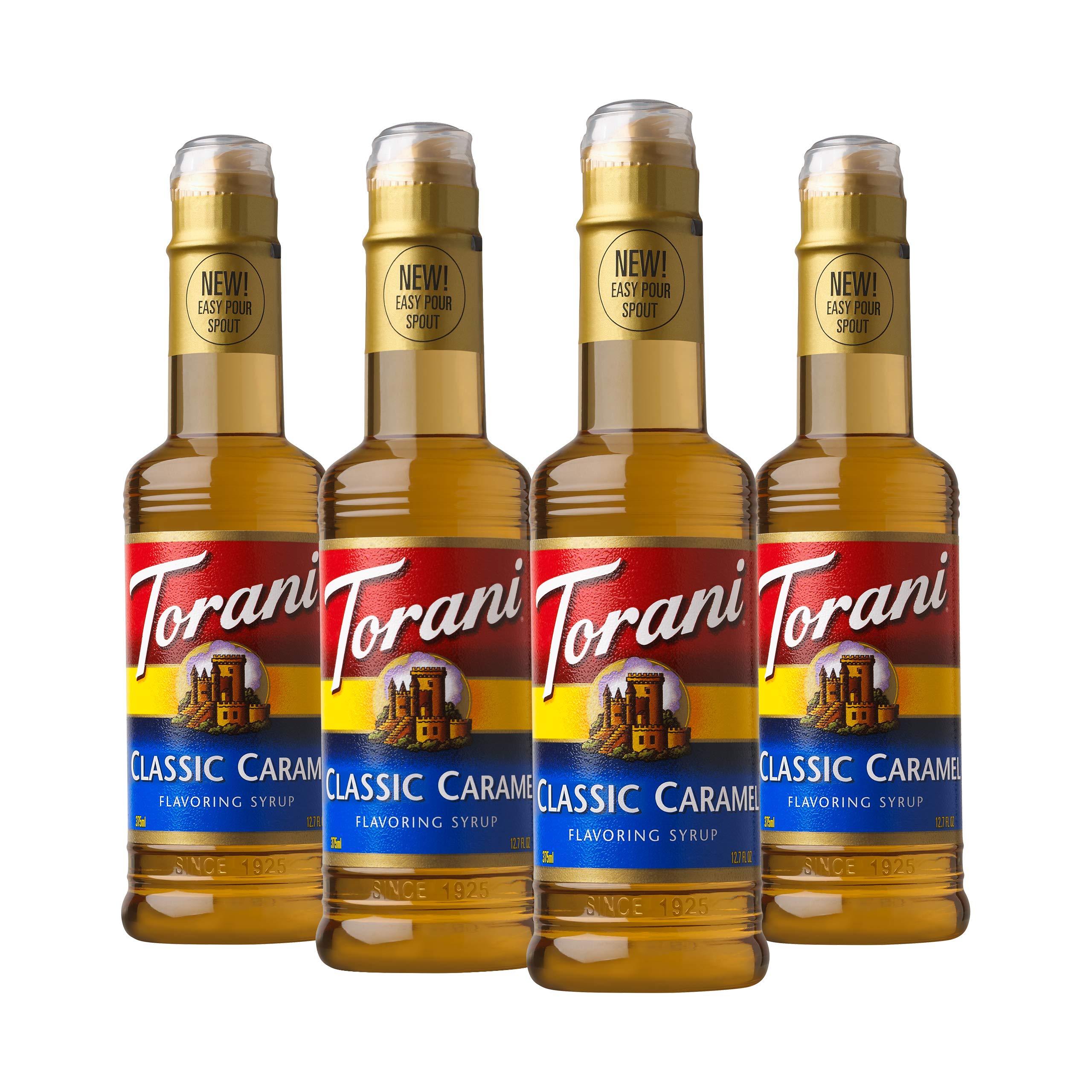 Torani Classic Caramel Syrup bottle on a counter enhances coffee flavor.