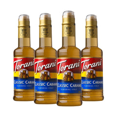 Torani Classic Caramel Syrup bottle on a counter enhances coffee flavor.