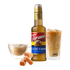 Torani Classic Caramel Syrup drizzle over dessert elevates flavor and aroma.