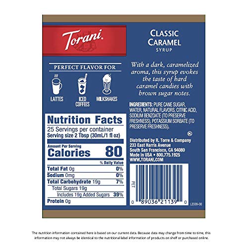 Close-up of Torani label showing caramel color and clarity.