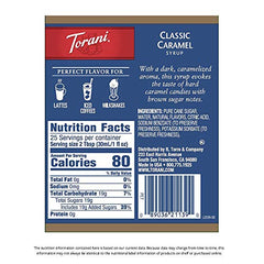 Close-up of Torani label showing caramel color and clarity.