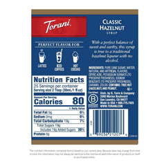 Torani Classic Hazelnut syrup bottle close-up shows authentic color