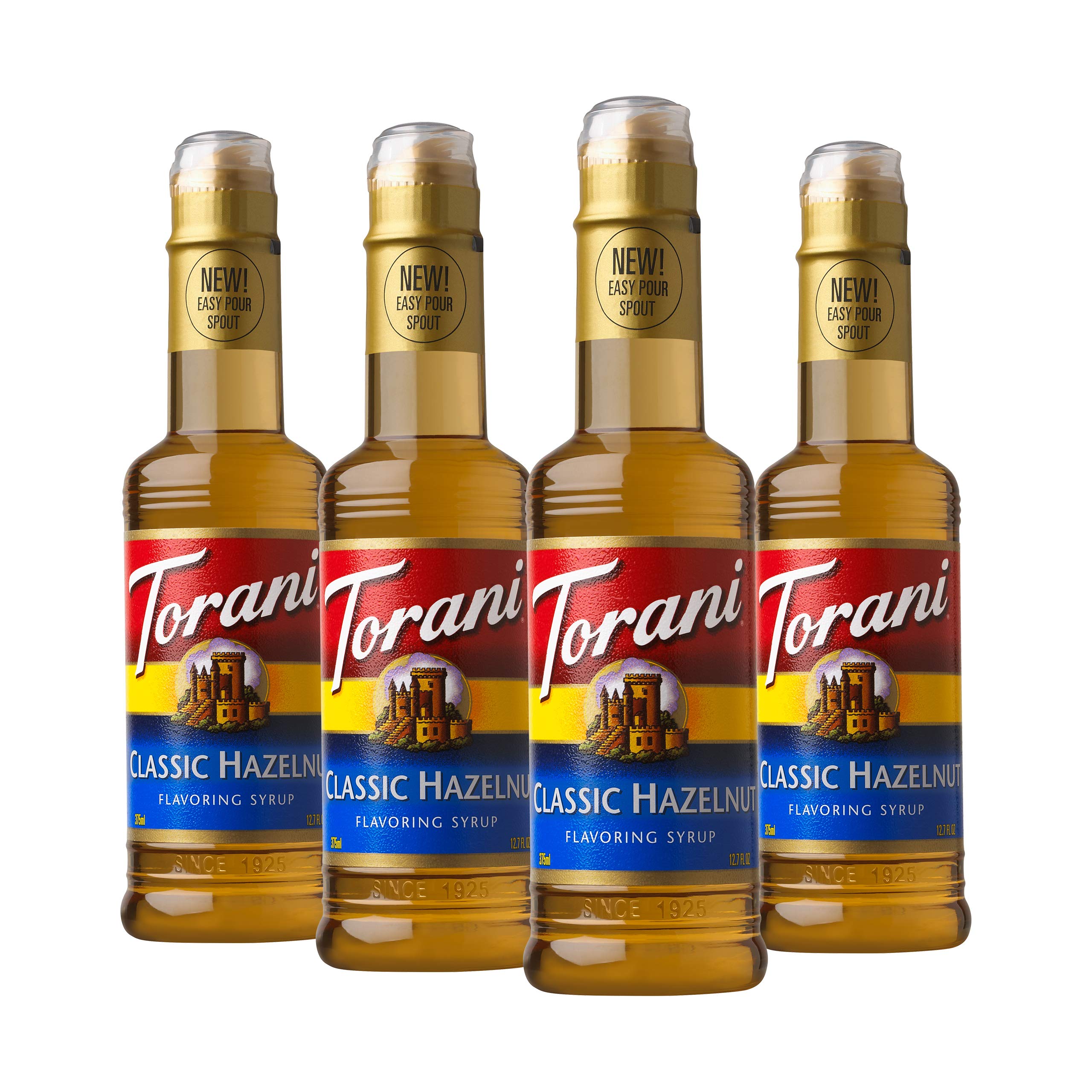 Torani Classic Hazelnut syrup bottle adds rich flavor to hot and cold drinks.