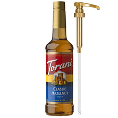Torani Classic Hazelnut Syrup bottle with pump for easy, mess-free flavoring.