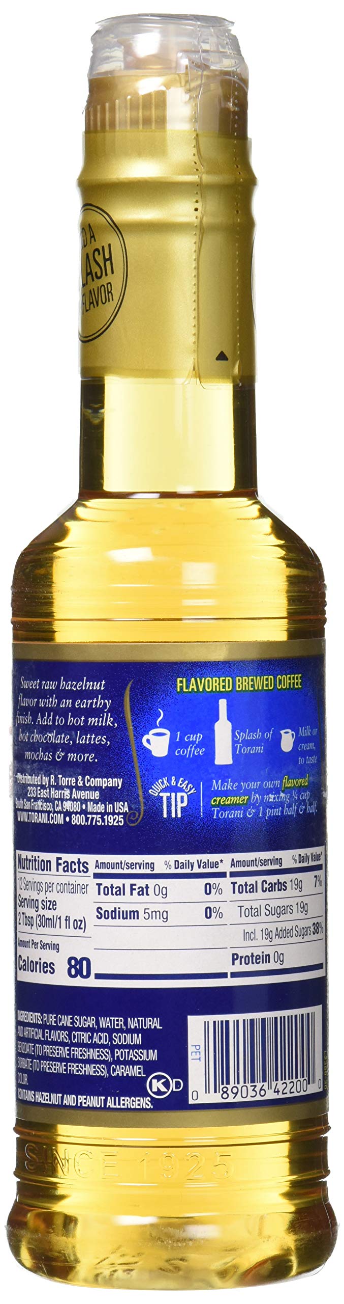 Close-up of Torani Hazelnut label highlights natural flavor and cane sugar.