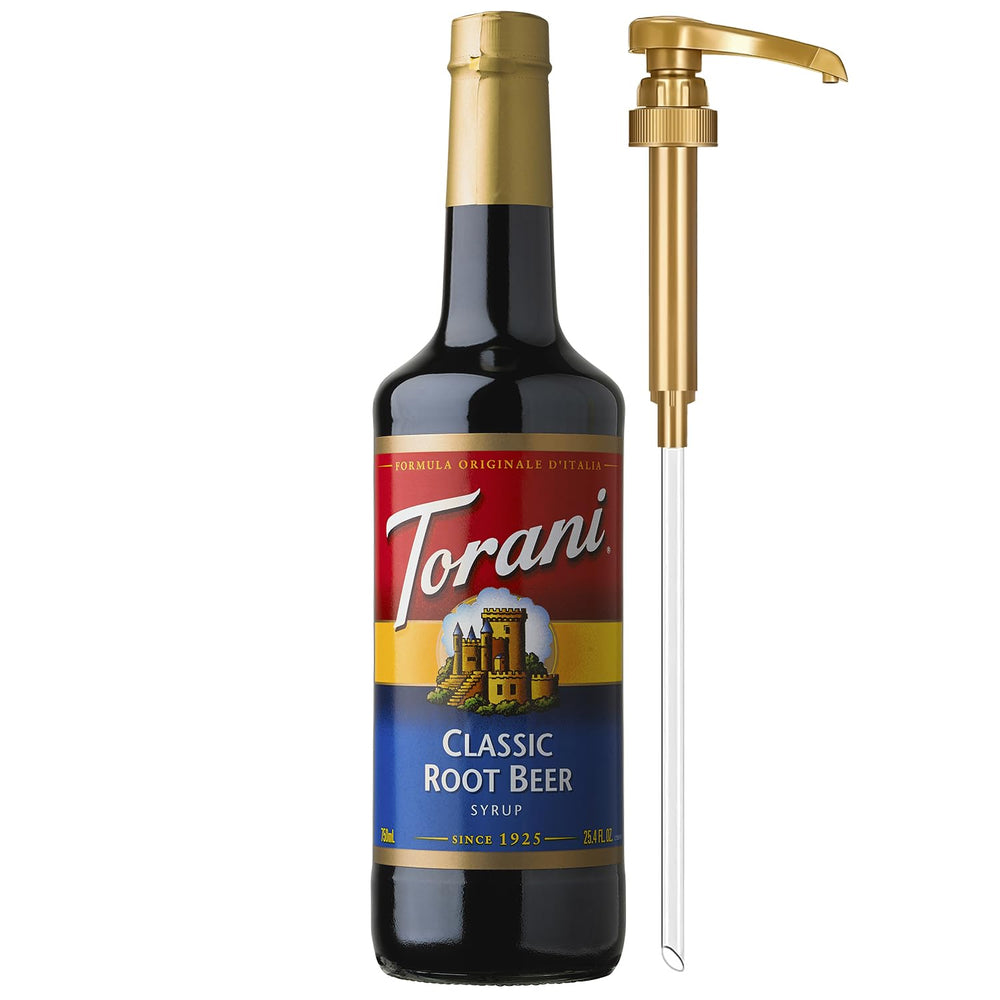 Torani Classic Root Beer Syrup bottle with pump for easy flavoring