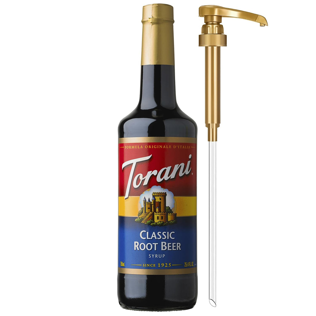 Torani Classic Root Beer Syrup bottle with pump for easy flavoring