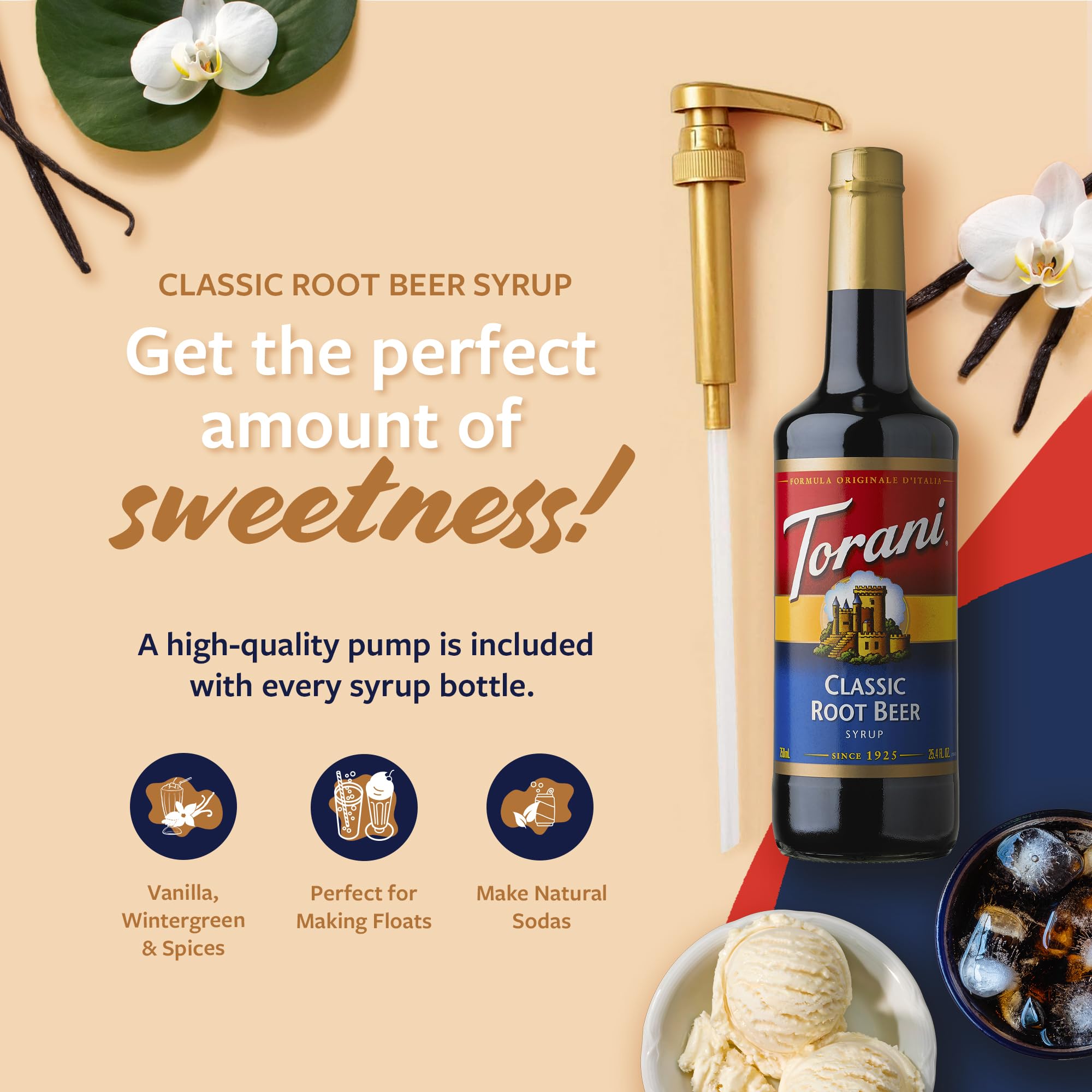 Torani Classic Root Beer Syrup glass bottle ready for home use