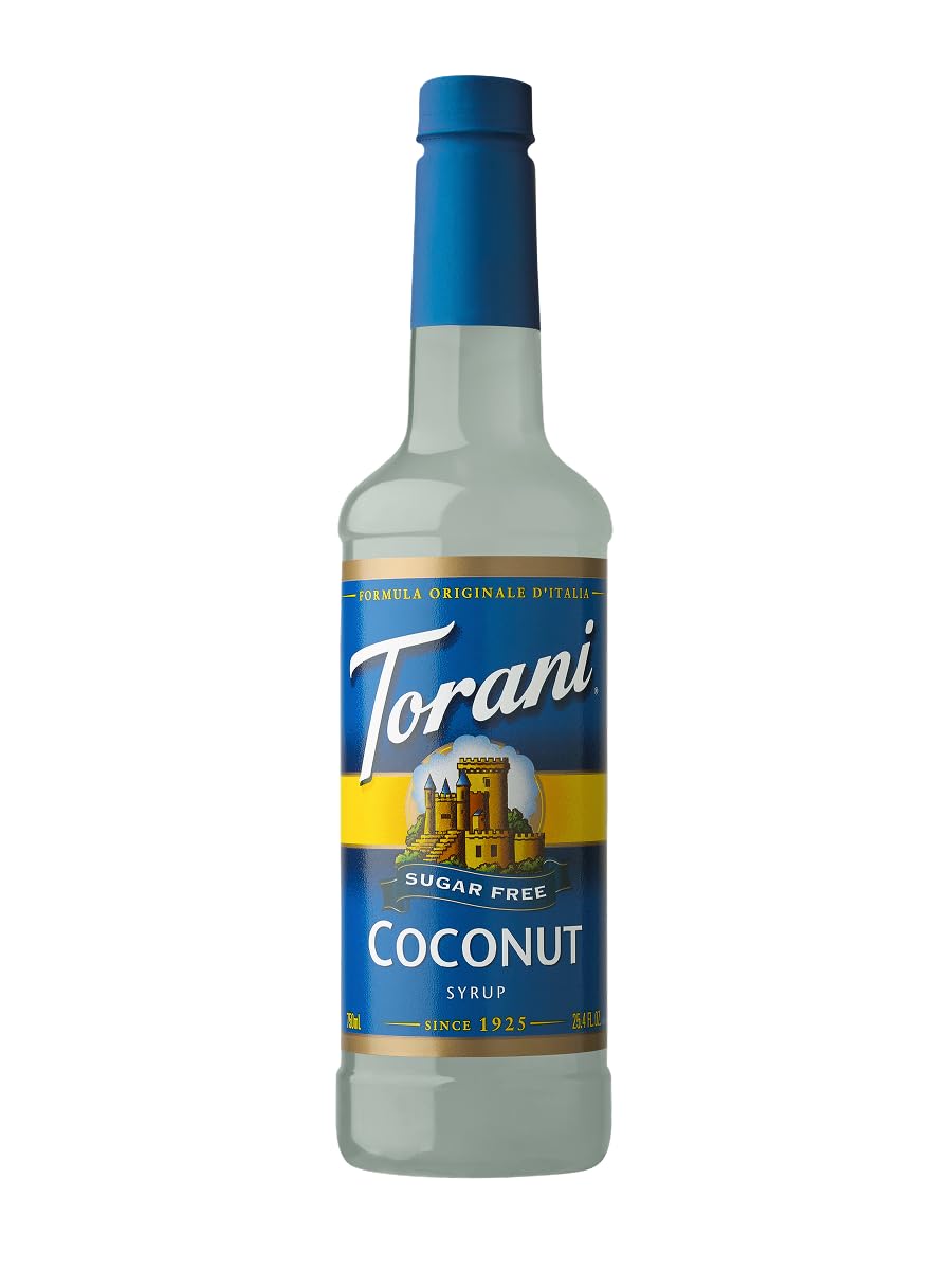 Torani Coconut Sugar Free Syrup bottle with pump for calorie-free coconut flavor.