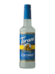 Torani Coconut Sugar Free Syrup bottle with pump for calorie-free coconut flavor.