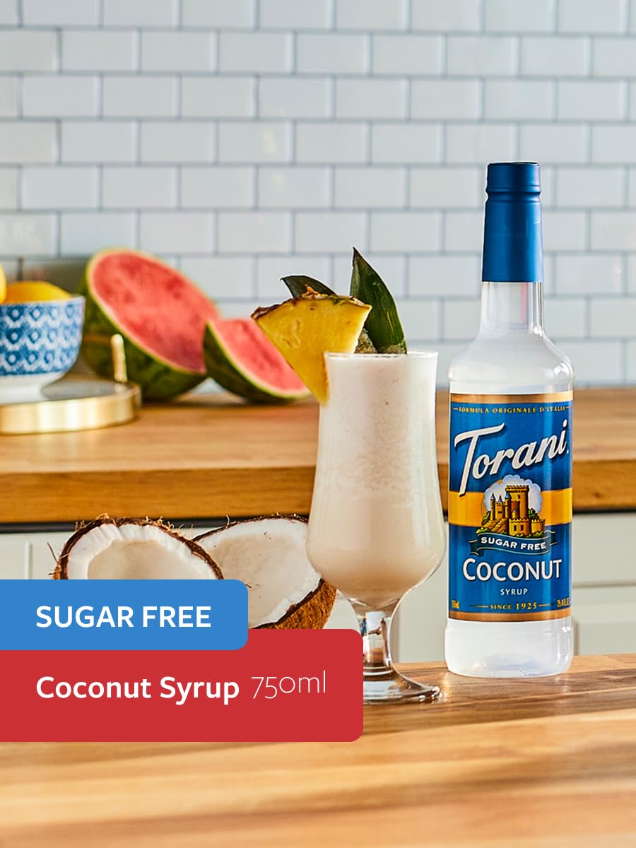 Torani Coconut Sugar Free Syrup close-up shows rich coconut aroma.