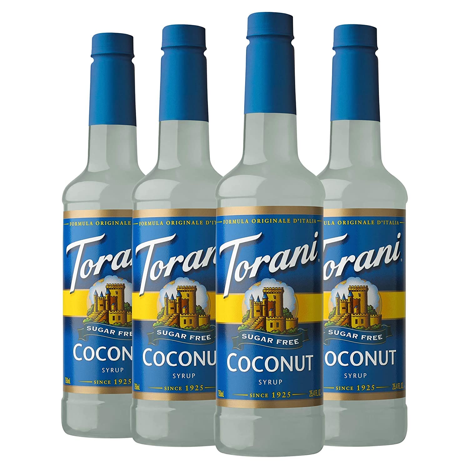 Torani Coconut Sugar Free Syrup bottle pouring into tropical drink for zero-calorie flavor