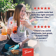Close-up of Torani label highlighting natural flavors and zero calories
