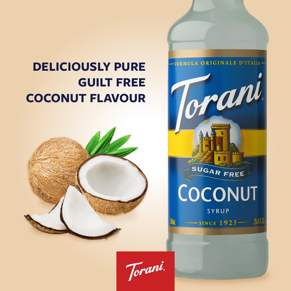 Four-pack of Torani Coconut Sugar Free Syrup on kitchen shelf